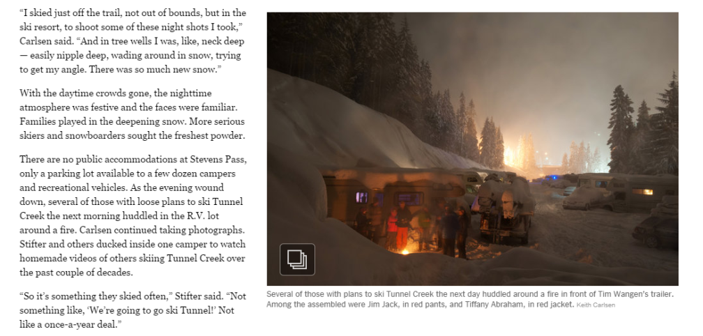 Screenshot of a slideshow of photographs from night skiing at Stevens Pass, the evening before the avalanche, taken from the NYT website.