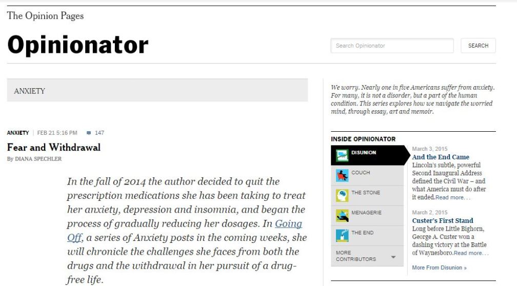 Snapshot taken from the NYT opinion pages. Recent post from the "Anxiety" series on the Opinionator. 