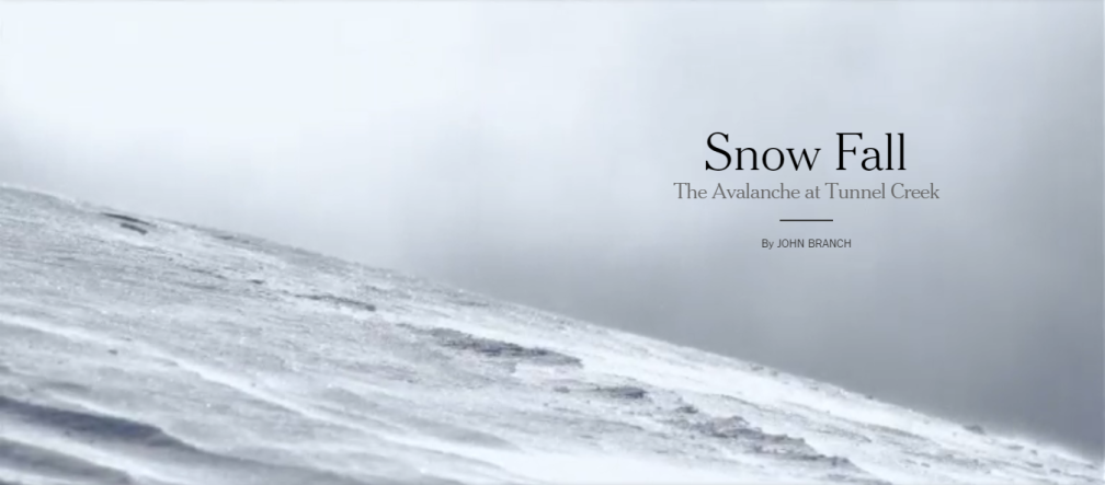 Screenshot of the title and opening image of "Snow Fall" taken from the NYT website.