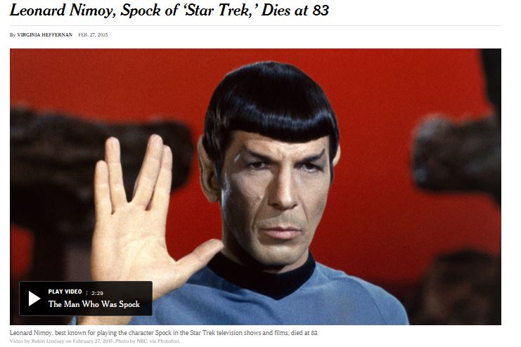 Video featuring snippets from Mr. Nimoy's career as the "Star Trek" character Mr. Spock. Screenshot taken from the NYT website.
