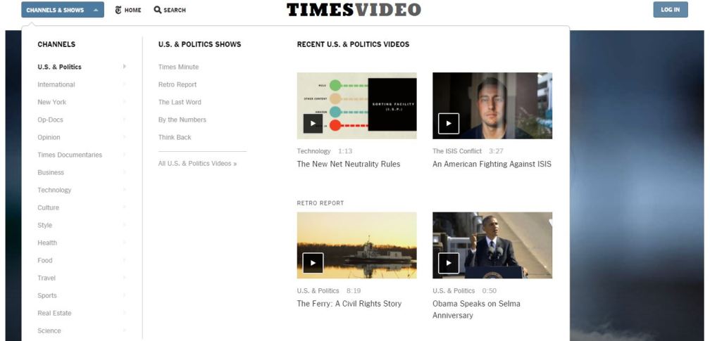 Screenshot of the drop-down menu listing the Times Video channels and series taken from the New York Times website.