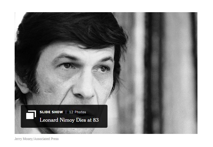 Slideshow of significant moments throughout Mr. Nimoy's career. Screenshot taken from the NYT website.