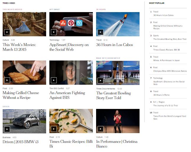 Snapshot of Times Video's latest and most popular content taken from the New York Times website.
