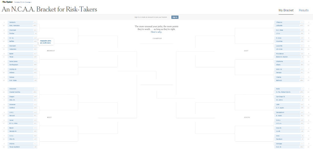 Screenshot of The New York Times's N.C.A.A March Madness bracket taken from The Upshot.
