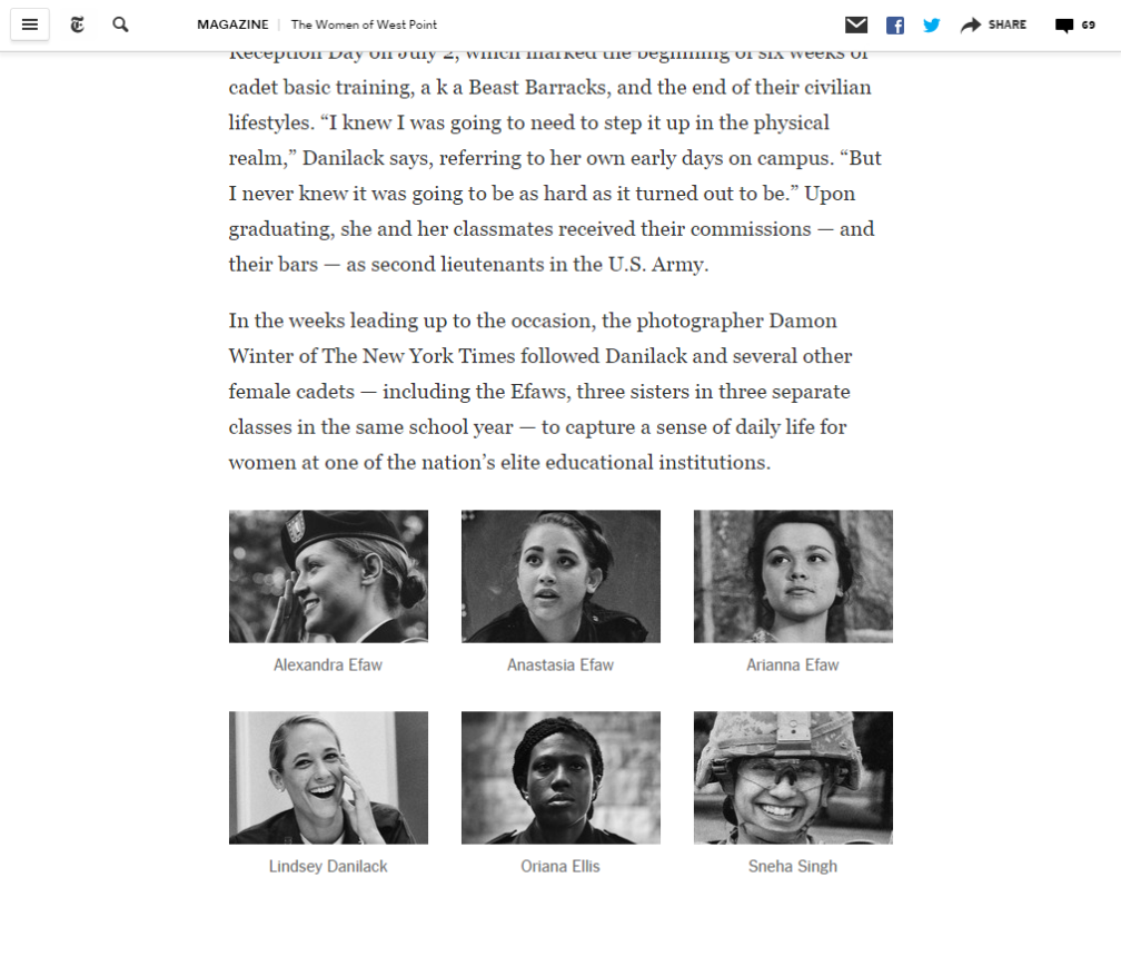 The female cadets featured in the photo essay. Screenshot taken from the New York Times Magazine.